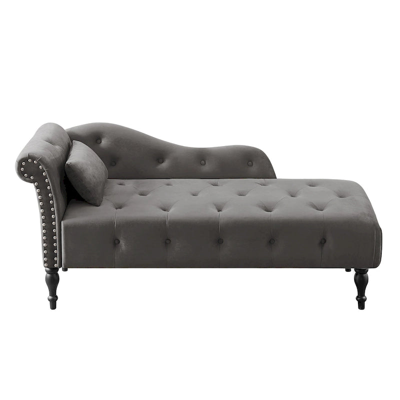 Chaise longue moderne 60.6 en velours capitonné avec pieds en bois massif et clous décoratifs