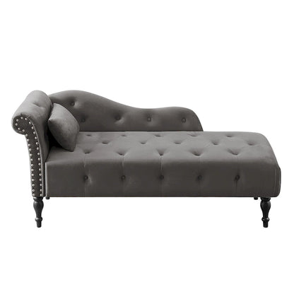Chaise longue moderne 60.6 en velours capitonné avec pieds en bois massif et clous décoratifs