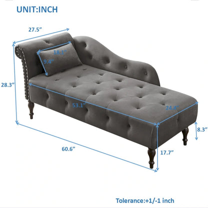 Chaise longue moderne 60.6 en velours capitonné avec pieds en bois massif et clous décoratifs