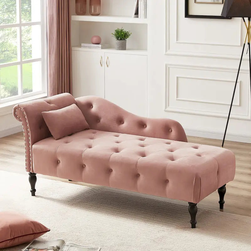 Chaise longue moderne 60.6 en velours capitonné avec pieds en bois massif et clous décoratifs