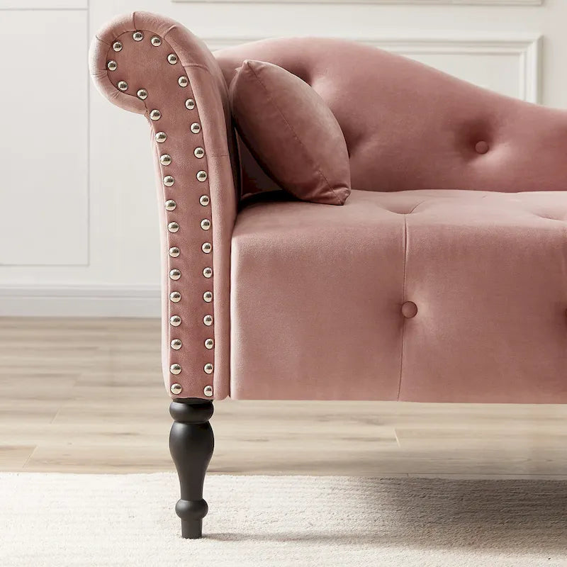 Chaise longue moderne 60.6 en velours capitonné avec pieds en bois massif et clous décoratifs