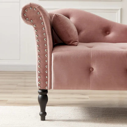Chaise longue moderne 60.6 en velours capitonné avec pieds en bois massif et clous décoratifs