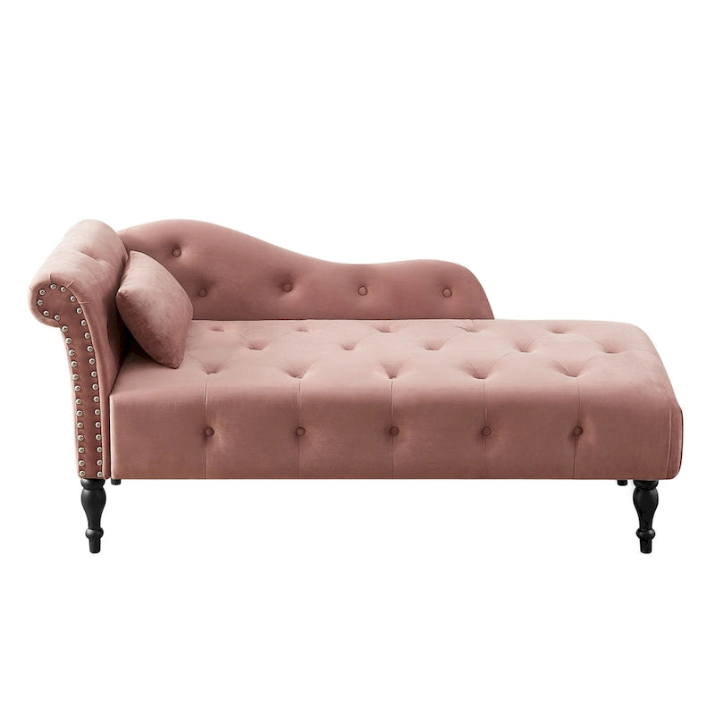 Chaise longue moderne 60.6 en velours capitonné avec pieds en bois massif et clous décoratifs