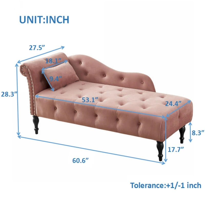 Chaise longue moderne 60.6 en velours capitonné avec pieds en bois massif et clous décoratifs