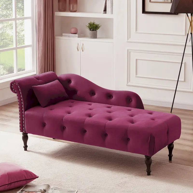 Chaise longue moderne 60.6 en velours capitonné avec pieds en bois massif et clous décoratifs
