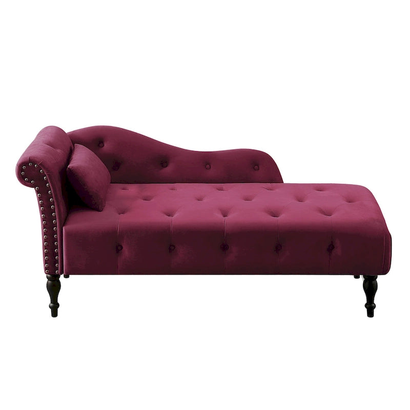 Chaise longue moderne 60.6 en velours capitonné avec pieds en bois massif et clous décoratifs