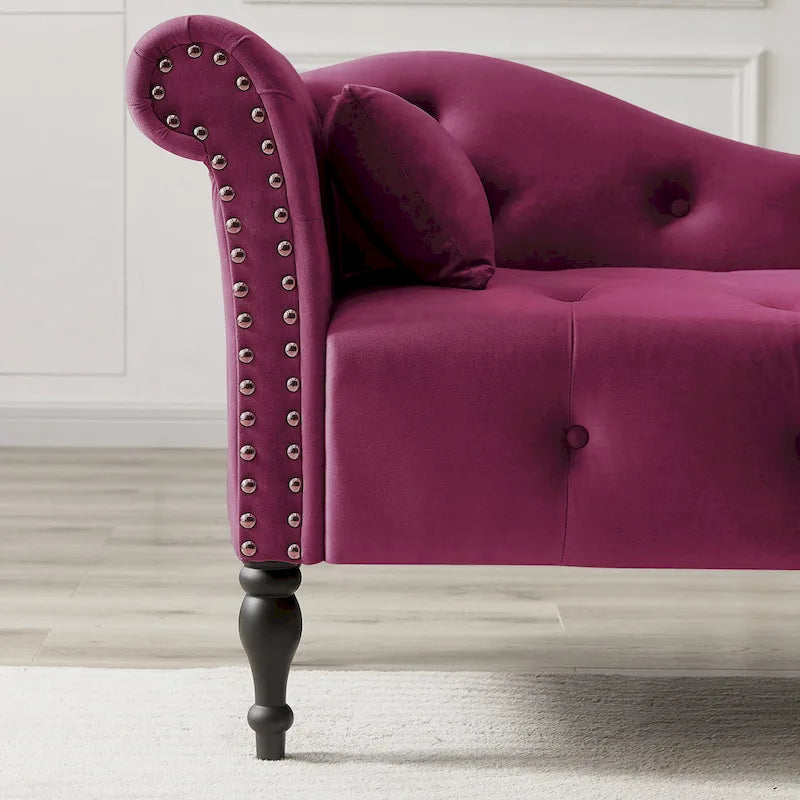 Chaise longue moderne 60.6 en velours capitonné avec pieds en bois massif et clous décoratifs
