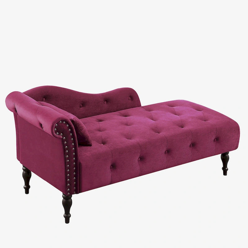 Chaise longue moderne 60.6 en velours capitonné avec pieds en bois massif et clous décoratifs
