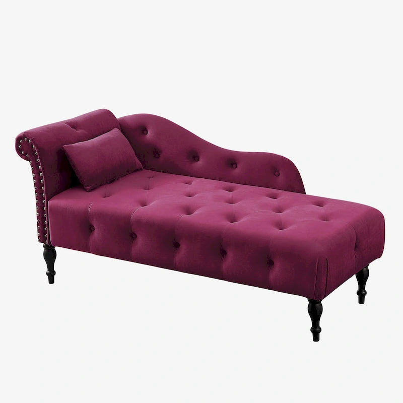 Chaise longue moderne 60.6 en velours capitonné avec pieds en bois massif et clous décoratifs