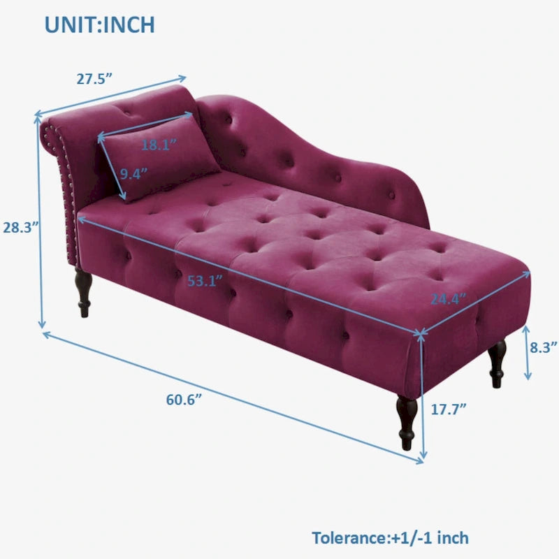 Chaise longue moderne 60.6 en velours capitonné avec pieds en bois massif et clous décoratifs