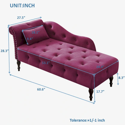 Chaise longue moderne 60.6 en velours capitonné avec pieds en bois massif et clous décoratifs