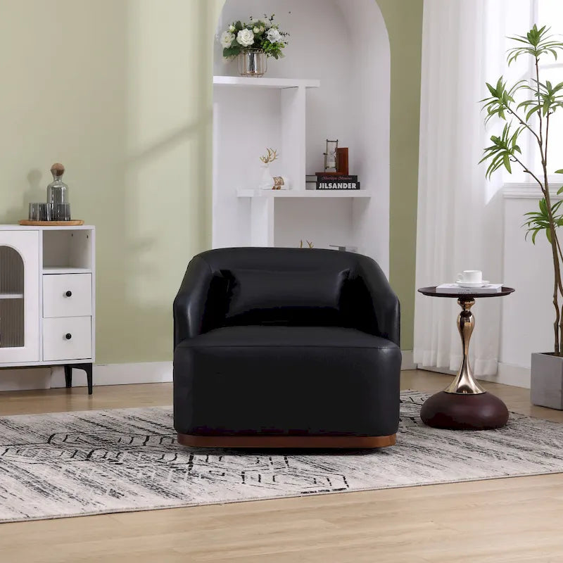 Fauteuil pivotant à 360° moderne en polyuréthane noir de 80 cm (31,5 pouces) avec piètement en métal, idéal pour le salon.