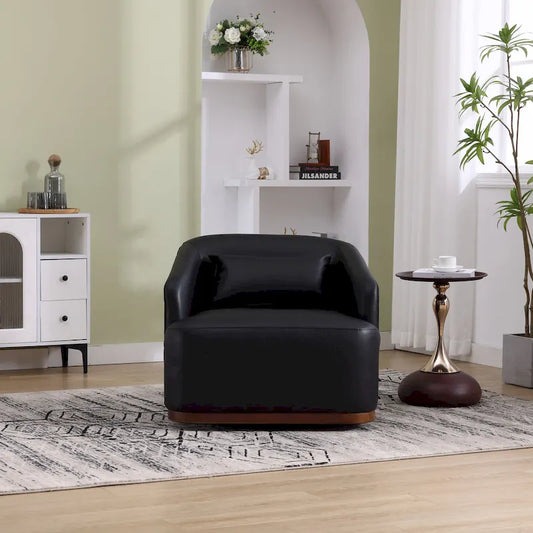 Fauteuil pivotant à 360° moderne en polyuréthane noir de 80 cm (31,5 pouces) avec piètement en métal, idéal pour le salon.