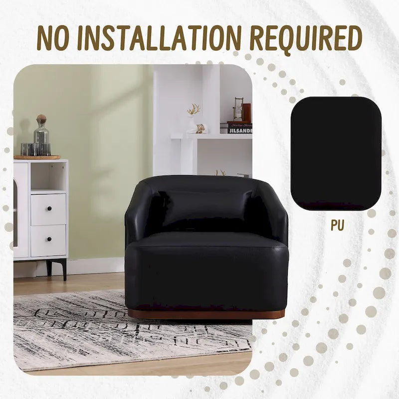 Fauteuil pivotant à 360° moderne en polyuréthane noir de 80 cm (31,5 pouces) avec piètement en métal, idéal pour le salon.