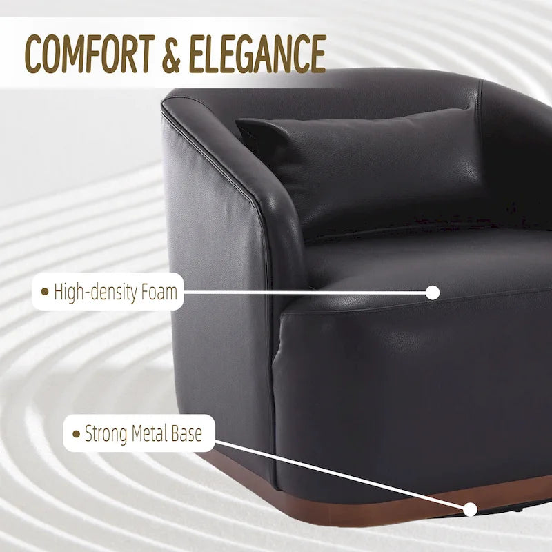 Fauteuil pivotant à 360° moderne en polyuréthane noir de 80 cm (31,5 pouces) avec piètement en métal, idéal pour le salon.
