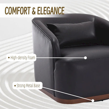 Fauteuil pivotant à 360° moderne en polyuréthane noir de 80 cm (31,5 pouces) avec piètement en métal, idéal pour le salon.