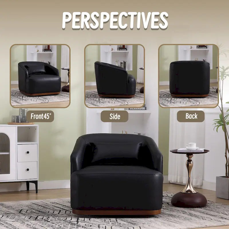 Fauteuil pivotant à 360° moderne en polyuréthane noir de 80 cm (31,5 pouces) avec piètement en métal, idéal pour le salon.