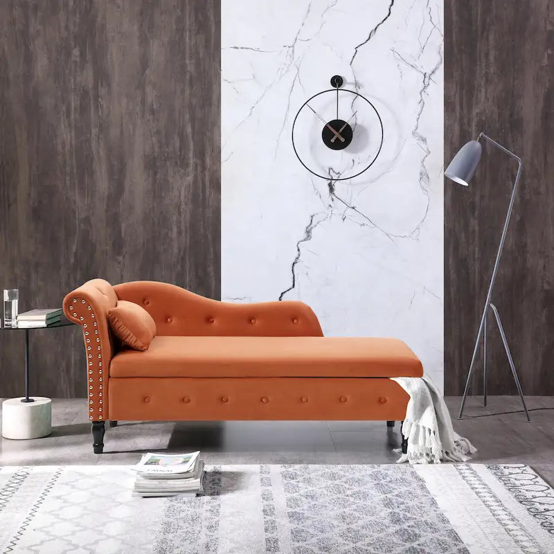 Chaise longue capitonnée orange moderne à 60 boutons, revêtue de velours, avec pieds en bois massif et rangement