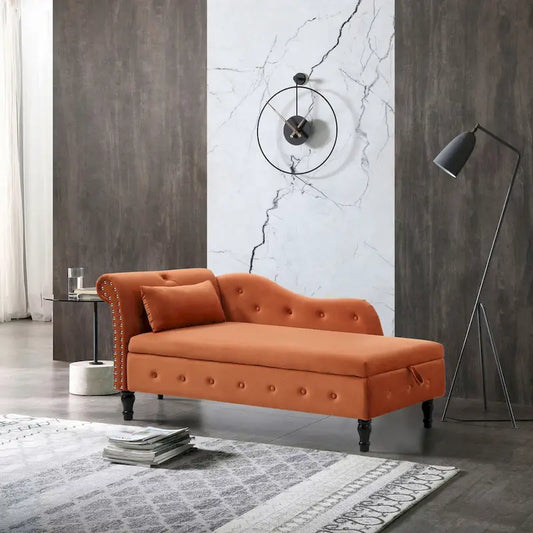 Chaise longue capitonnée orange moderne à 60 boutons, revêtue de velours, avec pieds en bois massif et rangement