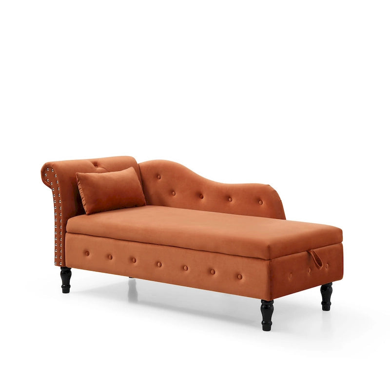 Chaise longue capitonnée orange moderne à 60 boutons, revêtue de velours, avec pieds en bois massif et rangement