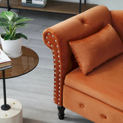 Chaise longue capitonnée orange moderne à 60 boutons, revêtue de velours, avec pieds en bois massif et rangement