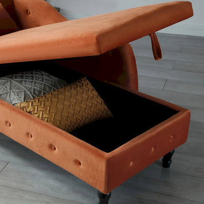 Chaise longue capitonnée orange moderne à 60 boutons, revêtue de velours, avec pieds en bois massif et rangement