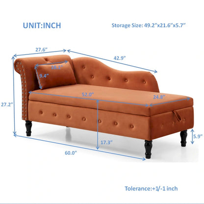 Chaise longue capitonnée orange moderne à 60 boutons, revêtue de velours, avec pieds en bois massif et rangement