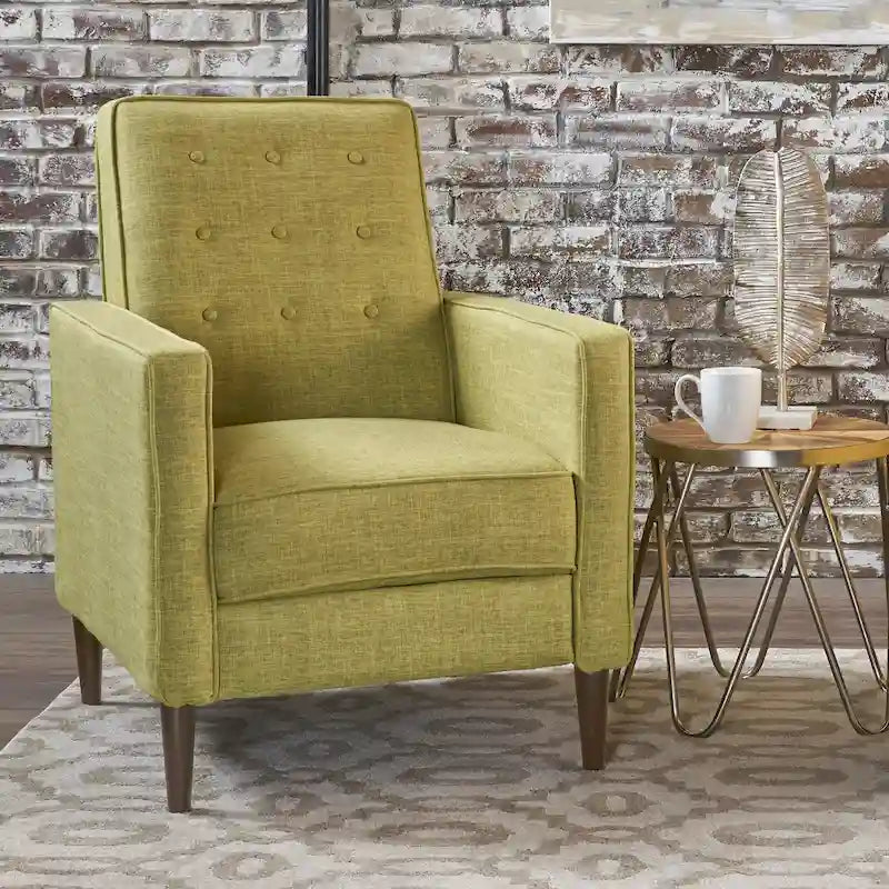 Fauteuil inclinable rembourré en tissu vert style milieu du siècle avec repose-pieds, dossier capitonné, pieds en bois de hêtre