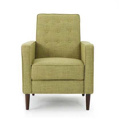 Fauteuil inclinable rembourré en tissu vert style milieu du siècle avec repose-pieds, dossier capitonné, pieds en bois de hêtre