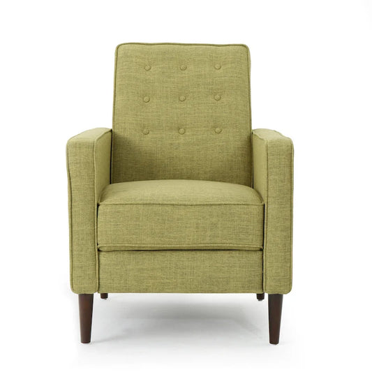 Fauteuil inclinable rembourré en tissu vert style milieu du siècle avec repose-pieds, dossier capitonné, pieds en bois de hêtre