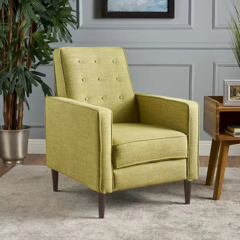 Fauteuil inclinable rembourré en tissu vert style milieu du siècle avec repose-pieds, dossier capitonné, pieds en bois de hêtre