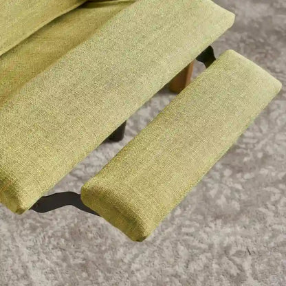Fauteuil inclinable rembourré en tissu vert style milieu du siècle avec repose-pieds, dossier capitonné, pieds en bois de hêtre