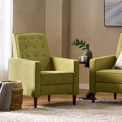 Fauteuil inclinable rembourré en tissu vert style milieu du siècle avec repose-pieds, dossier capitonné, pieds en bois de hêtre