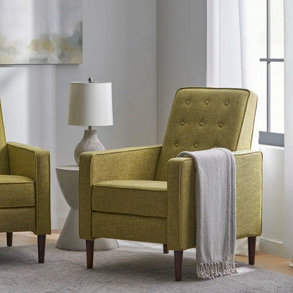 Fauteuil inclinable rembourré en tissu vert style milieu du siècle avec repose-pieds, dossier capitonné, pieds en bois de hêtre