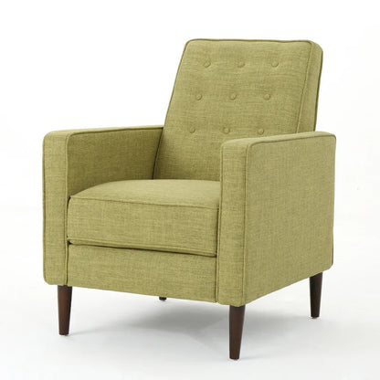 Fauteuil inclinable rembourré en tissu vert style milieu du siècle avec repose-pieds, dossier capitonné, pieds en bois de hêtre