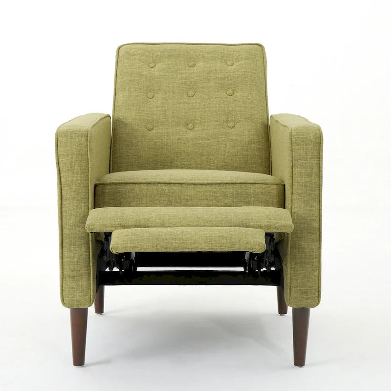 Fauteuil inclinable rembourré en tissu vert style milieu du siècle avec repose-pieds, dossier capitonné, pieds en bois de hêtre