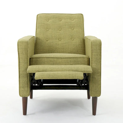 Fauteuil inclinable rembourré en tissu vert style milieu du siècle avec repose-pieds, dossier capitonné, pieds en bois de hêtre