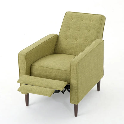 Fauteuil inclinable rembourré en tissu vert style milieu du siècle avec repose-pieds, dossier capitonné, pieds en bois de hêtre
