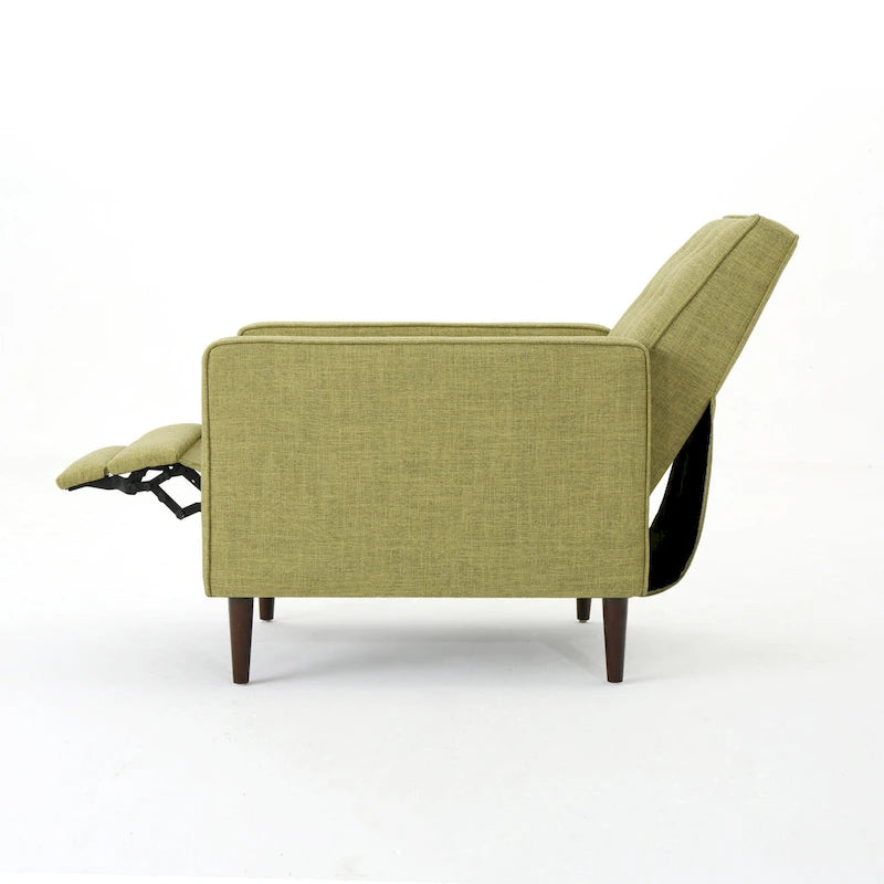 Fauteuil inclinable rembourré en tissu vert style milieu du siècle avec repose-pieds, dossier capitonné, pieds en bois de hêtre