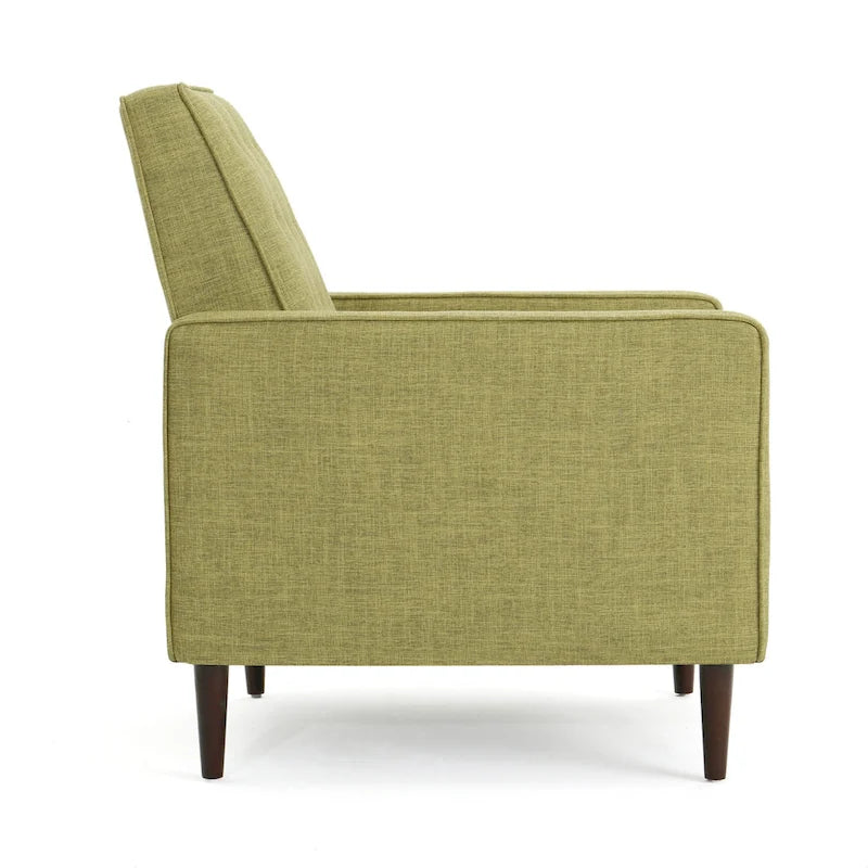 Fauteuil inclinable rembourré en tissu vert style milieu du siècle avec repose-pieds, dossier capitonné, pieds en bois de hêtre