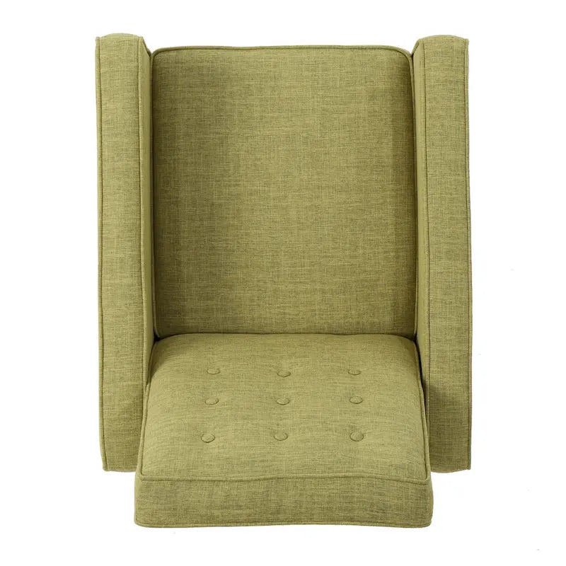 Fauteuil inclinable rembourré en tissu vert style milieu du siècle avec repose-pieds, dossier capitonné, pieds en bois de hêtre