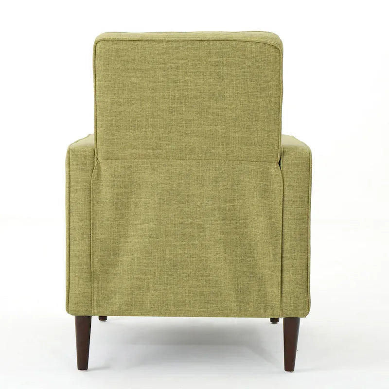 Fauteuil inclinable rembourré en tissu vert style milieu du siècle avec repose-pieds, dossier capitonné, pieds en bois de hêtre