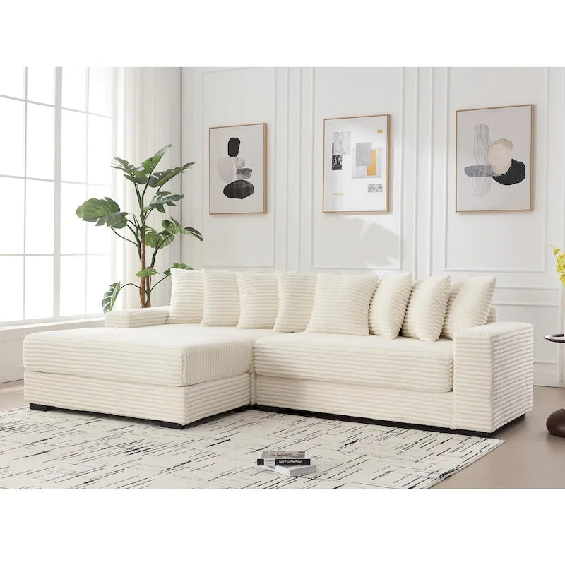 Canapé d'angle en velours côtelé beige 111 avec méridienne gauche surdimensionnée