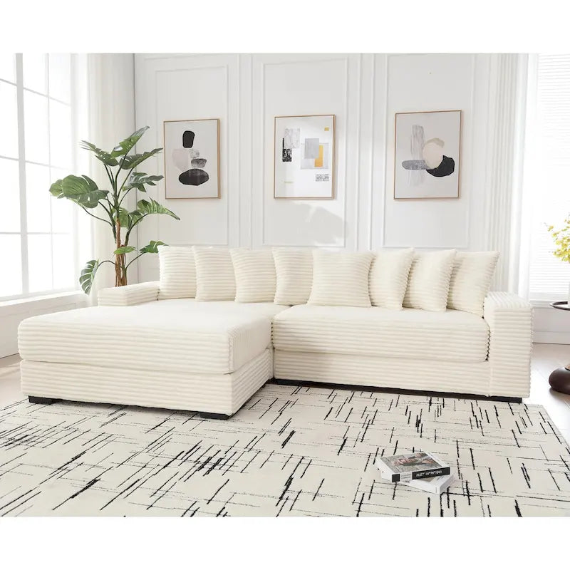 Canapé d'angle en velours côtelé beige 111 avec méridienne gauche surdimensionnée