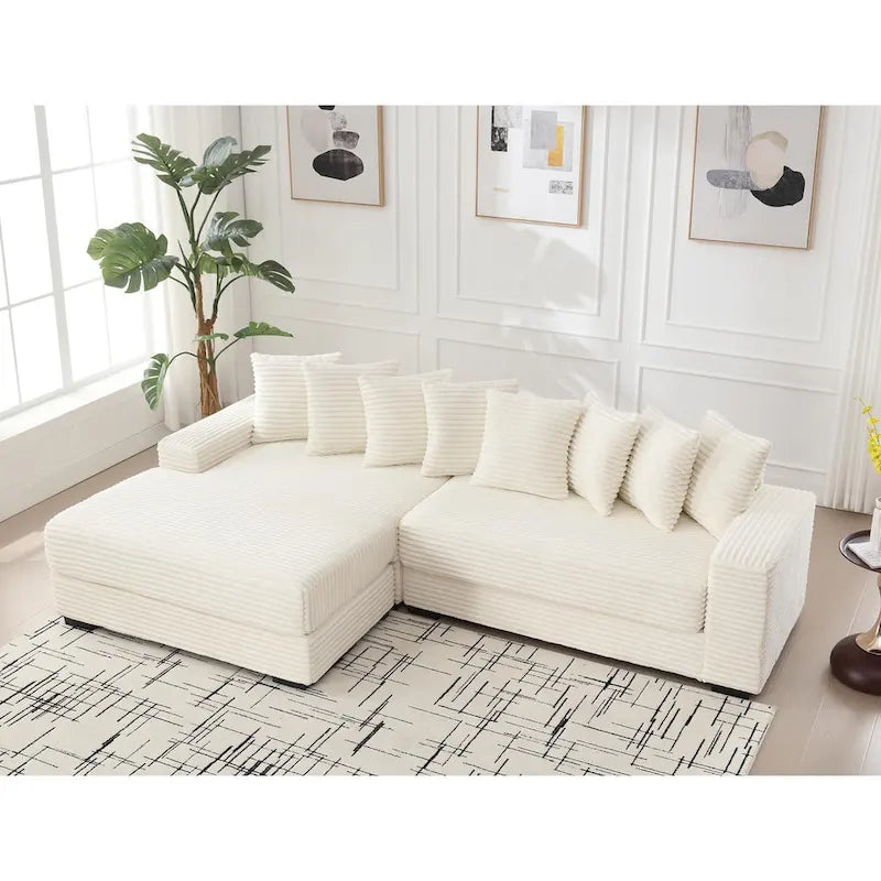 Canapé d'angle en velours côtelé beige 111 avec méridienne gauche surdimensionnée