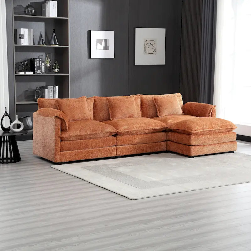 Canapé d'angle 4 places en forme de L Orange 112.2, revêtu de tissu bouclé moderne, avec coussins amovibles et accoudoirs détachables
