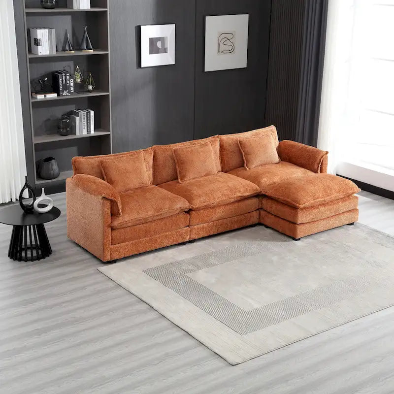 Canapé d'angle 4 places en forme de L Orange 112.2, revêtu de tissu bouclé moderne, avec coussins amovibles et accoudoirs détachables