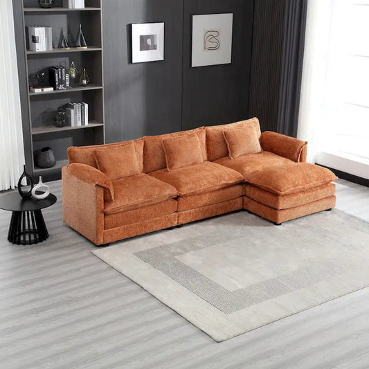 Canapé d'angle 4 places en forme de L Orange 112.2, revêtu de tissu bouclé moderne, avec coussins amovibles et accoudoirs détachables