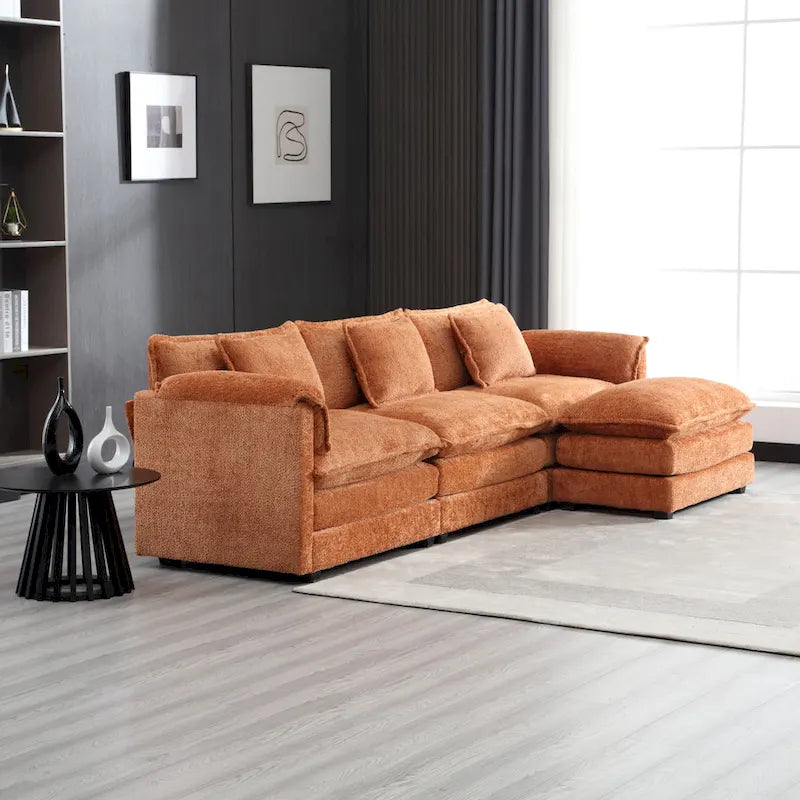 Canapé d'angle 4 places en forme de L Orange 112.2, revêtu de tissu bouclé moderne, avec coussins amovibles et accoudoirs détachables