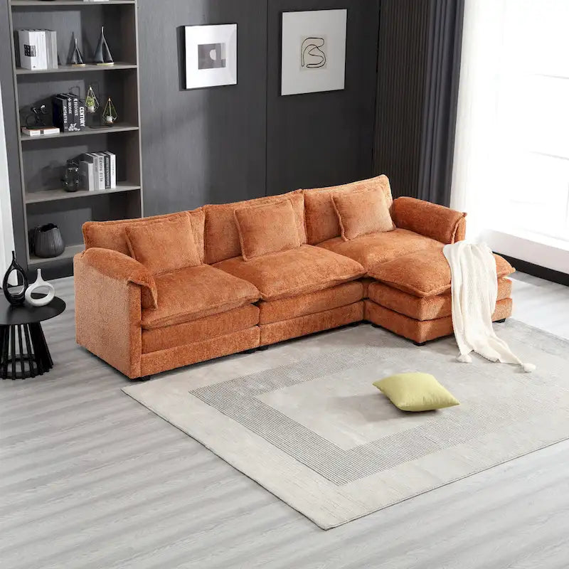 Canapé d'angle 4 places en forme de L Orange 112.2, revêtu de tissu bouclé moderne, avec coussins amovibles et accoudoirs détachables